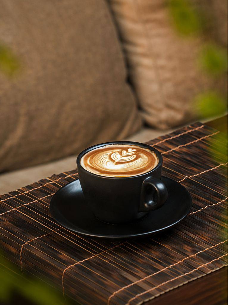 Cup of coffee with latte art on a bamboo mat