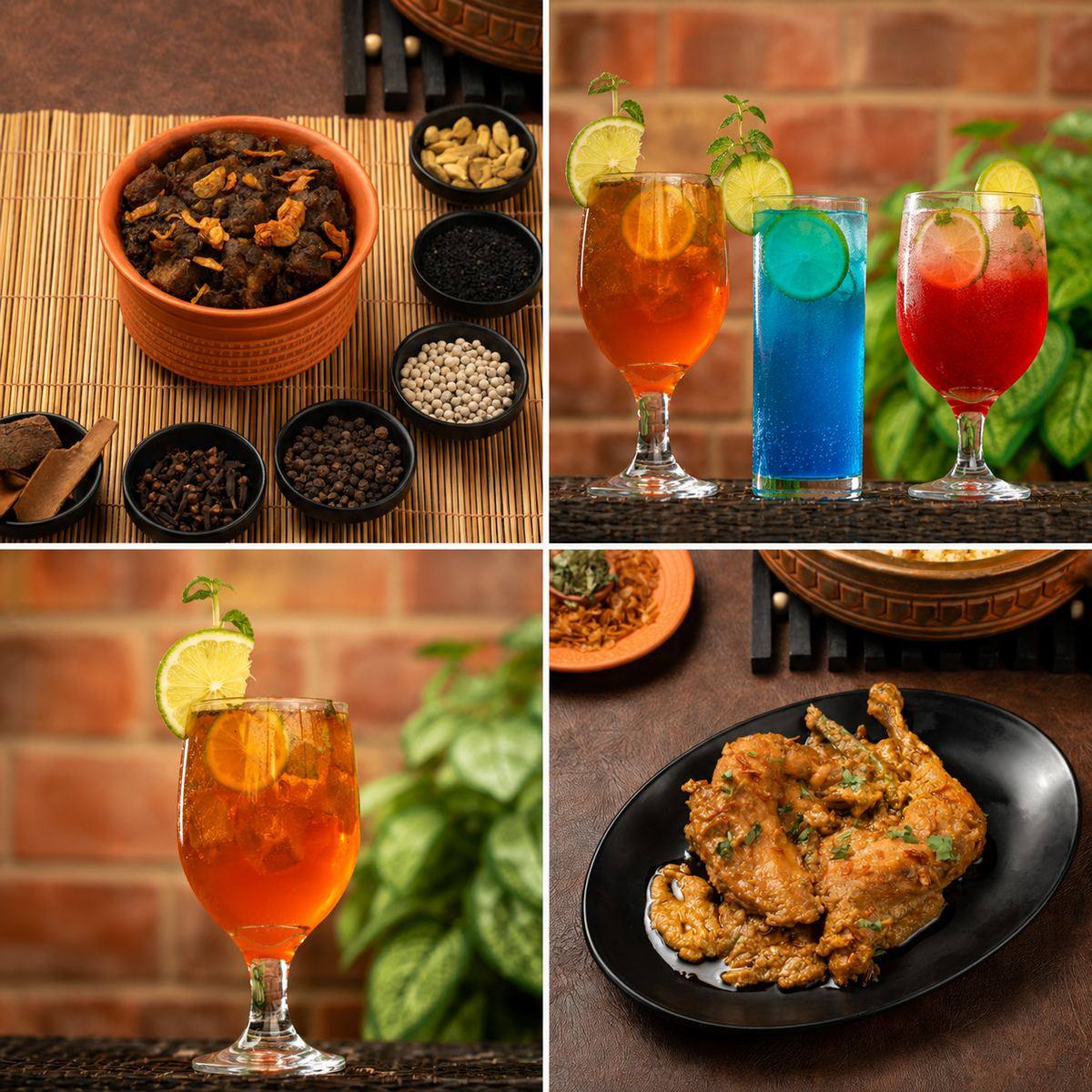 Chicken rezala and mocktails plated at Daruchini Restaurant
